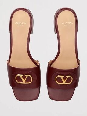 Valentino Garavani Burgundy Leather Slide Mules with Gold V Logo